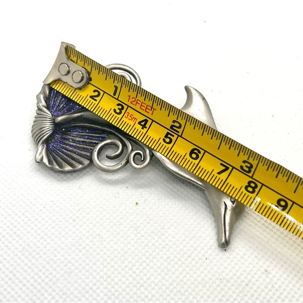 Vtg JJ Jonette Jewelry Jumping DOLPHIN Purple Glitter Shell Pewter Brooch Pin 3”